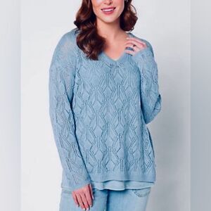 Peace Love World Women's Open-Stitch Sweater Blue. Size 1X